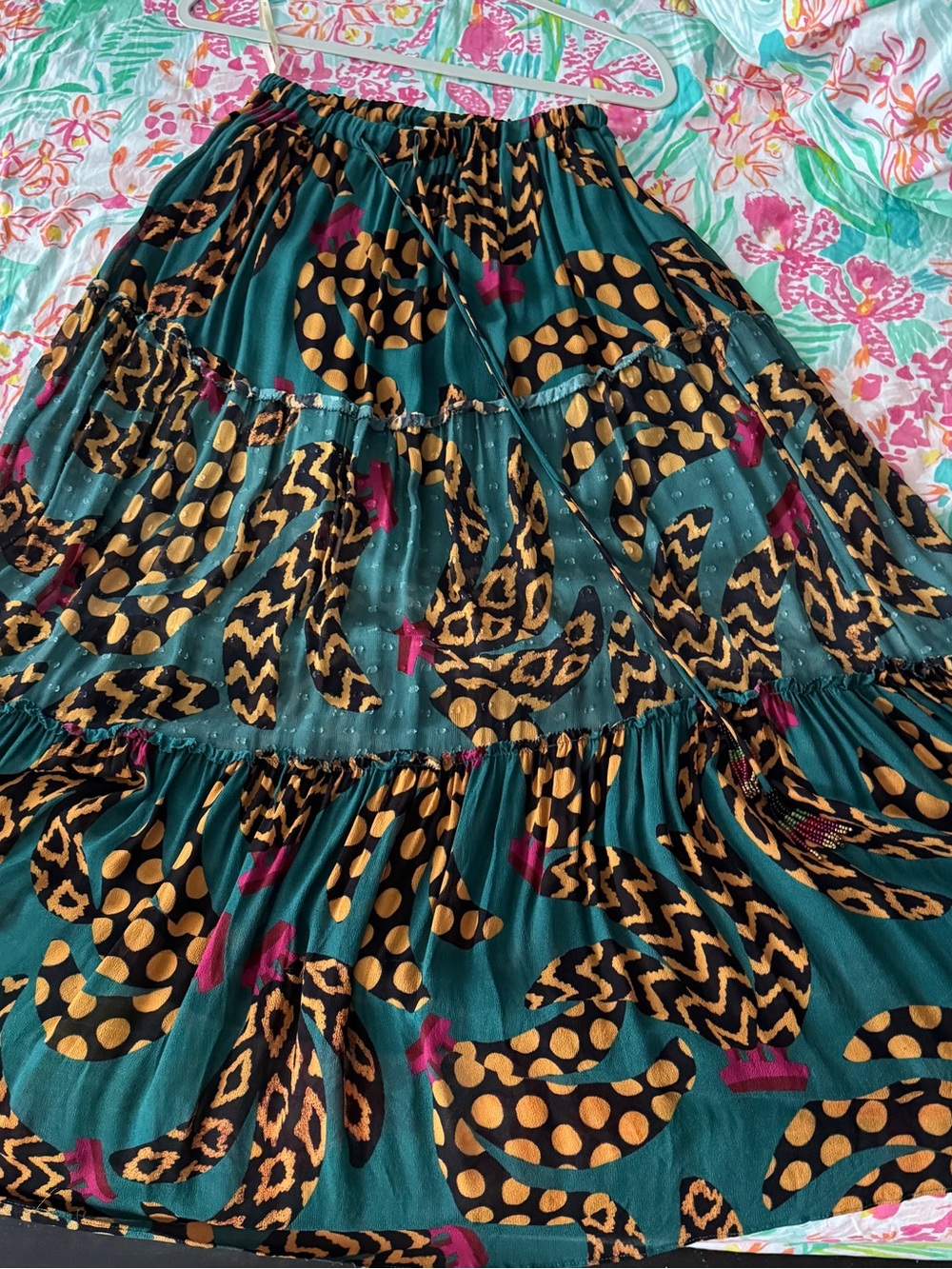 FARM Rio Teal Maxi Skirt with Mustard and Black Motif